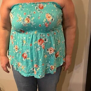 Torrid Floral Strapless Blouse - Teal and Red